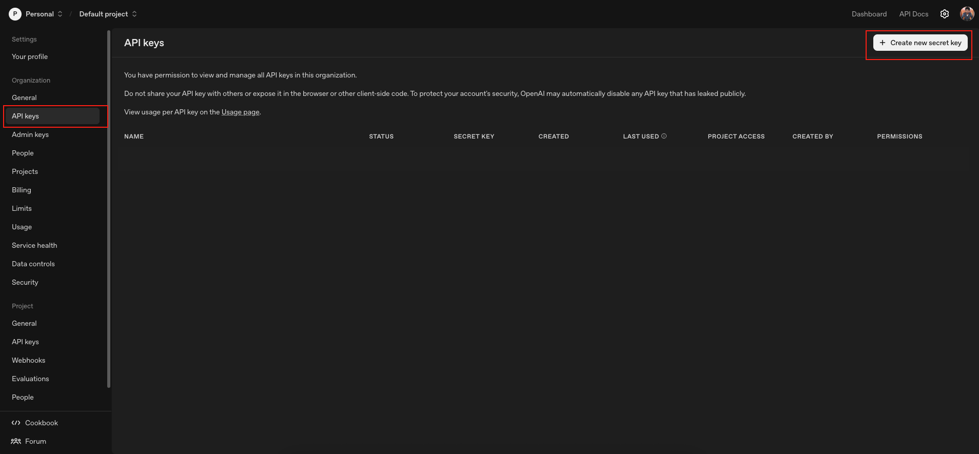 Create API Key Button