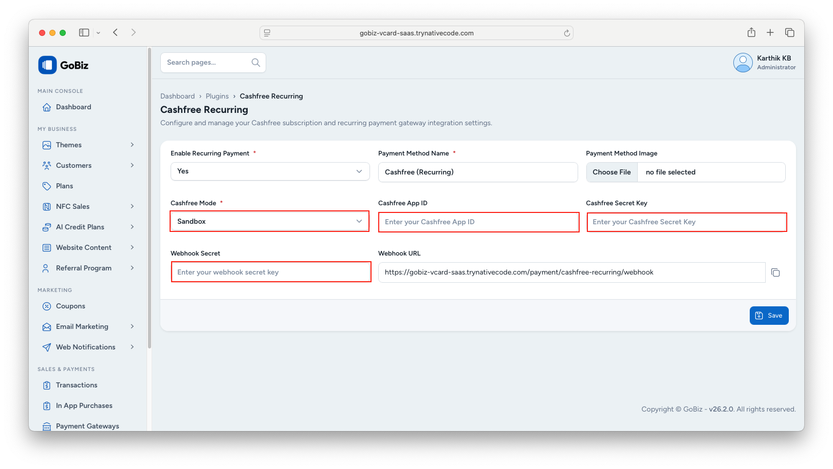 Cashfree configuration