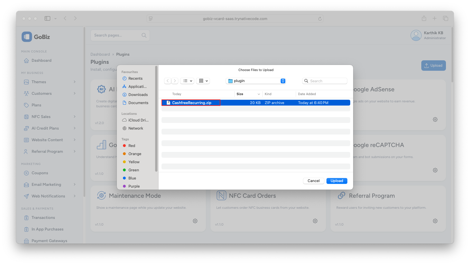 gobiz CashfreeRecurring plugin installation