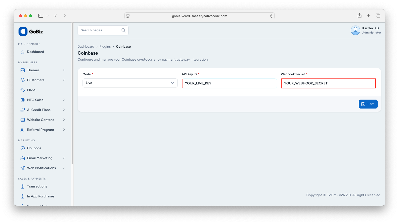 Coinbase configuration