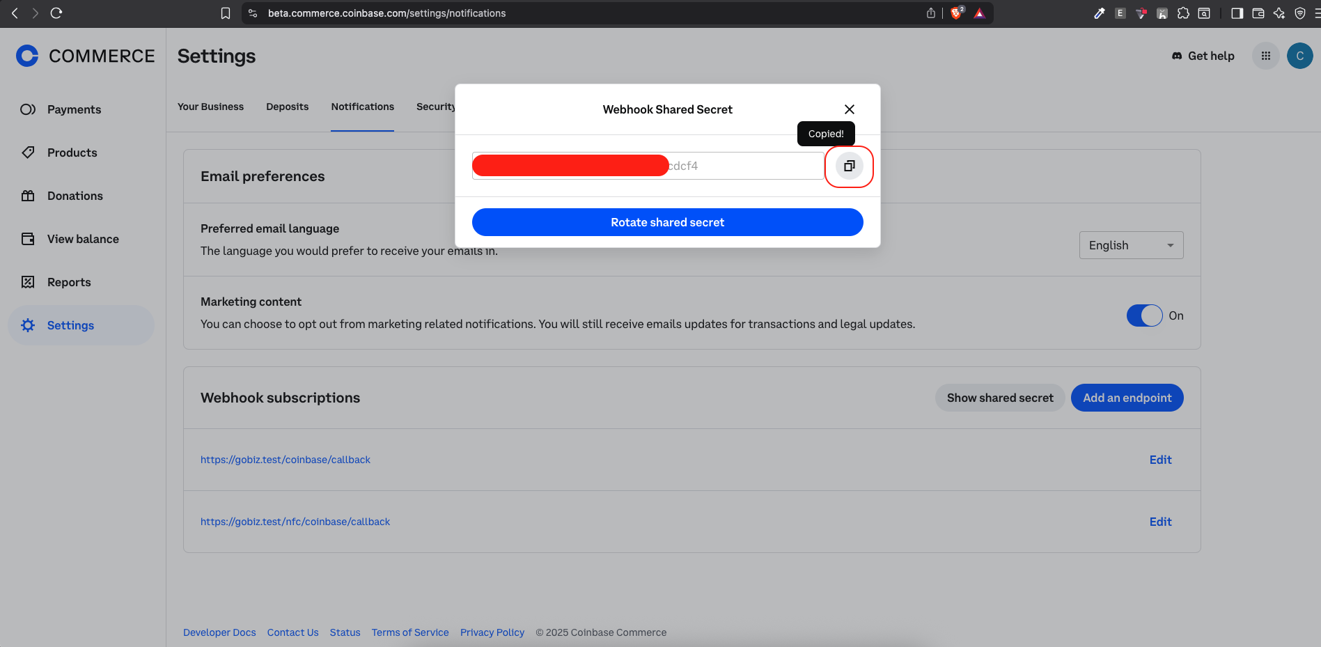 Coinbase Secret key
