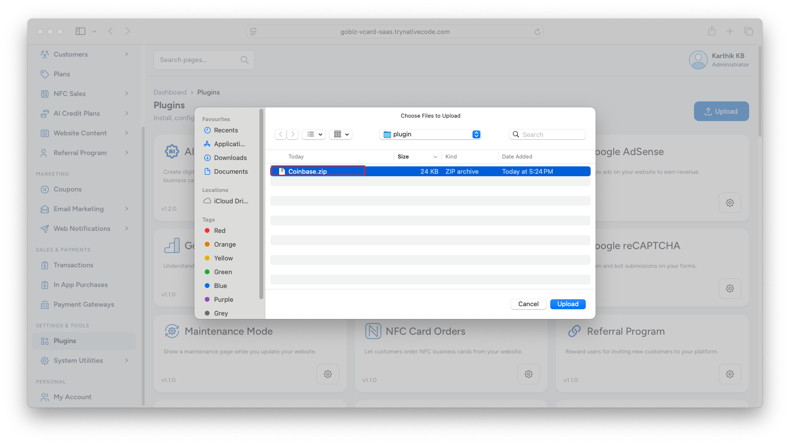 gobiz coinbase plugin installation