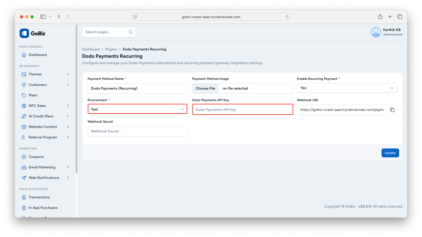 Dodo Payments Recurring Configuration page