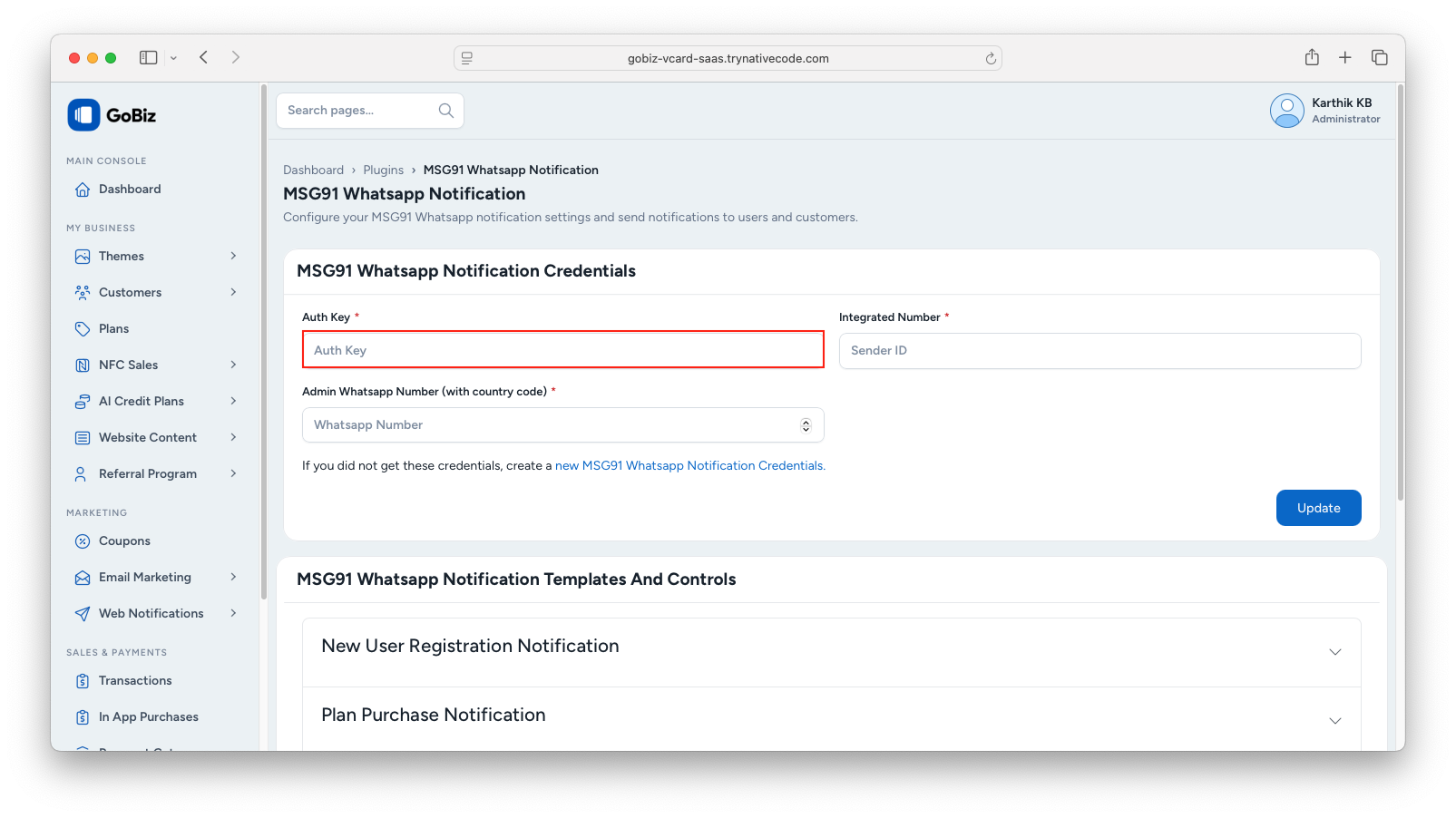 Paste Authkey in Admin